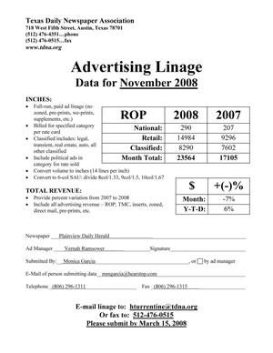 [TDNA Advertising Linage Report for the Plainview Daily Herald, November 2008]