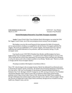 [Patrick Birmingham Honored by Texas Daily Newspaper Association]