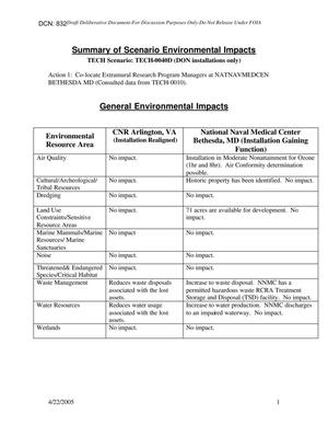BRAC 2005 DoD Report Technical Justification Book, 20 May 2005 Summary of Scenario Environmental Impacts Co-locate Extramural Research Program Managers at NATNAVMEDCEN