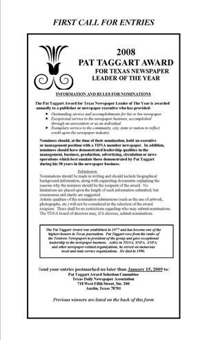 [Call for Entries for the 2008 Pat Taggart Award]