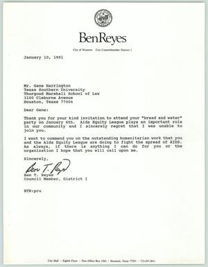[Letter from Ben T. Reyes to Gene Harrington, January 10, 1991]