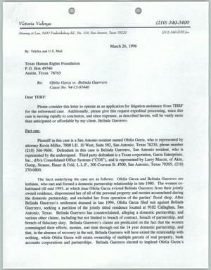 [Letter from Victoria Valerga to the Texas Human Rights Foundation, March 26, 1996]