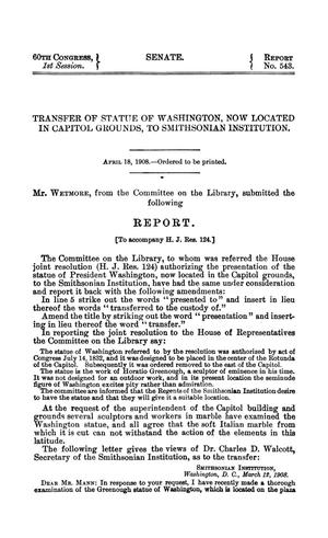 Transfer of Statue of Washington, Now Located in Capitol Grounds, to Smithsonian Institution, Report