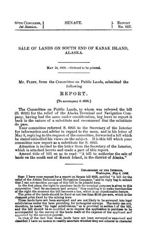 Sale of Lands on South End of Kanak Island, Alaska, Report