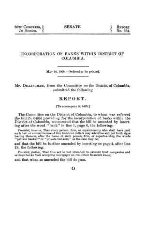 Incorporation of Banks Within District of Columbia, Report