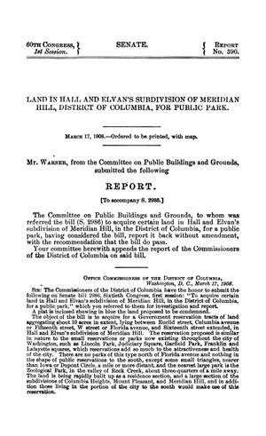 Land in Hall and Elvan's Subdivision of Meridian Hill, District of Columbia, For Public Park, Report