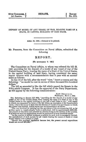 Deposit of Model of Any Vessel of War, Bearing Name of a State, in Capitol Building of Said State, Report