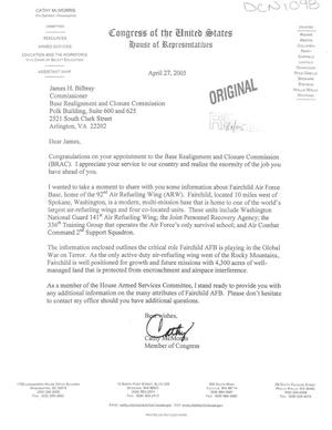 Letter from McMorris to Commissioner Bilbray (27Apr05)