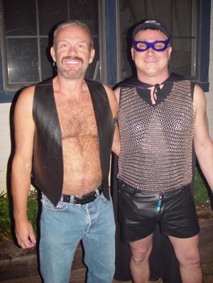 [Donny Perry and guest in costumes at Halloween party]
