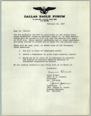 Primary view of object titled '[Letter from Donna Blumer and Jean Jones to Bill Nelson, February 18, 1987]'.