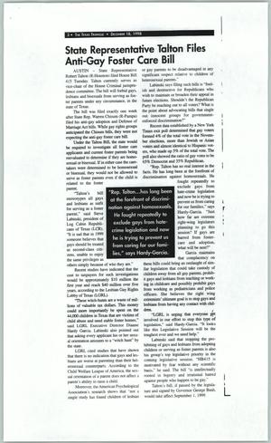 [Clipping: Texas Triangle magazine article "State Representative Talton Files Anti-Gay Foster Care Bill"]