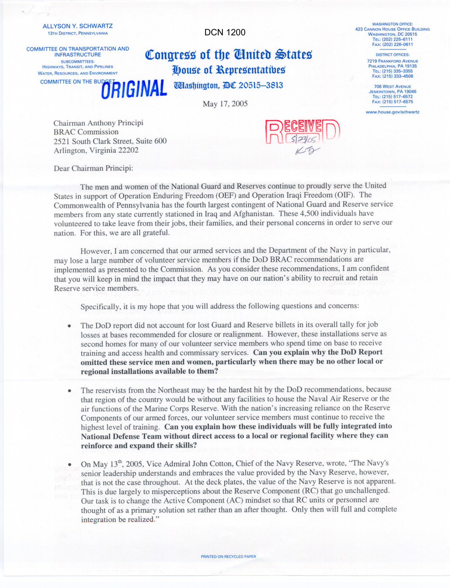 Letter from Schwarz, C.Y., to Chairman Principi (05/17/2005)
                                                
                                                    [Sequence #]: 1 of 2
                                                