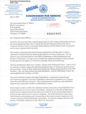 Letter to all BRAC Commissioners from Rep Rob Simmons of CT
