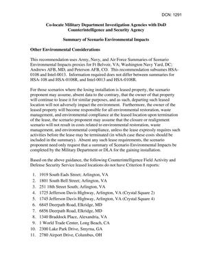 BRAC 2005 DoD Report H & SA JCSG Justification Books 20 May 2005 Candidate Recommendation Co-locate Military Department Investigation Agencies with DoD Counterintelligence and Security Agency, Other Environmental Considerations
