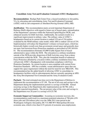 BRAC 2005 DoD Report H & SA JCSG Books 20 May 2005 Recommendation to Consolidate Army Test and Evaluation Command Headquarters