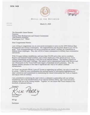 Letter from Texas Gov Rick Perry to Commission (21March05)