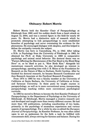 Primary view of object titled 'Obituary: Robert Morris, Ph.D.'.