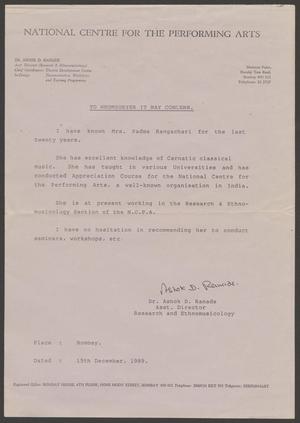 [Letter from Dr. Ashok D. Ranade to Whomsoever it May Concern, 15th December, 1989]