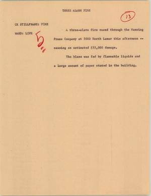 Primary view of object titled '[News Script: Three alarm fire]'.