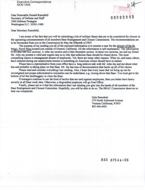 Letter to Secretary Rumsfeld and all Commissioners from Dale Benedetti and John Jay that was forwarded from the Department of Defense