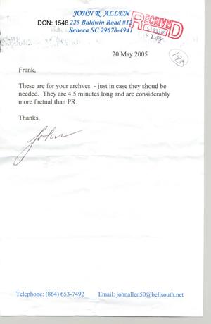 Letter from John R. Allen to Frank Cirillo dtd 20May05