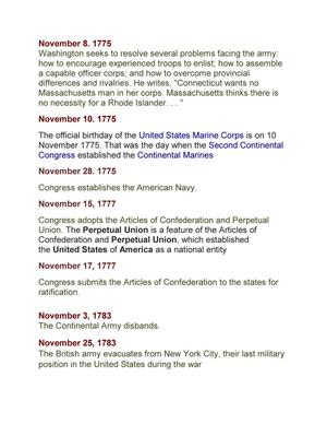 [November Dates recorded and reported by Historian]