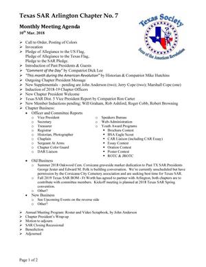 TXSSAR Arlington Chapter No. 7 Monthly Meeting Agenda, March 10, 2018