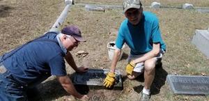 [Ted Wilson and Jerry Cope at George Jester's headstone]