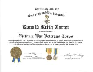 Primary view of object titled '[Certificate of Patriotism, Ronald Keith Carter]'.