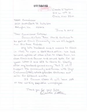 Cannon Air Force Base - Letter from Oneda J. Dotson