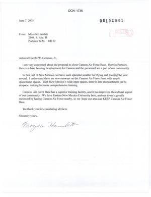 Cannon Air Force Base - Letter from Mozelle Hamlett