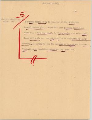 Primary view of object titled '[News Script: General motors strike vote]'.