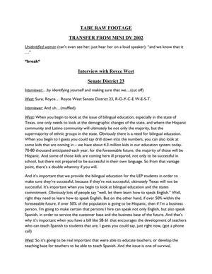 [Transcript of interviews with Rep. Royce West, Dou Wan Tran, and Rep. Roberto Alonzo]