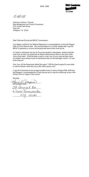 Letters from Niagara Falls Air Force Reserve Base Community to Commission