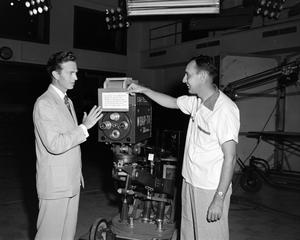 [Photograph of Frank Mills and Jimmy Turner working at WBAP-TV]