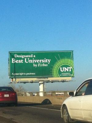 [UNT "Designated a Best University by Forbes" billboard]
