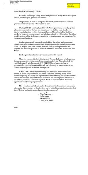 Letter to all Commissioners from Duffy Sasser