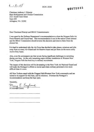 Letter from Niagara Falls Air Reserve Base Community to Commission