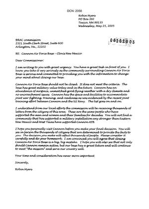 Letter from Robin Myers to Commission