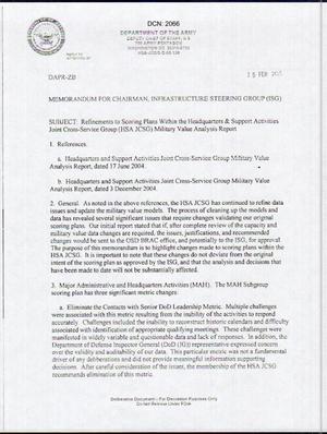 Memo concerning Refinements to Scoring Plans Within the Headquarters & Support Activities Joint Cross-Service Group (HSA JCSG) Military Value Analysis Report