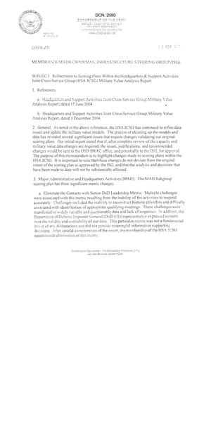 Memo concerning Refinements to Scoring Plans Within Headquarters & Support Activities Joint Cross-Service Group (HSA JCSG) Military Value Analysis Report