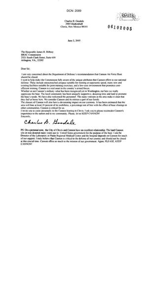Letter from Charles B. Goodale to Commission