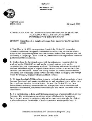 Memo concerning Initial Support of Supply & Storage Joint Cross-Service Group (S&S JCSG)