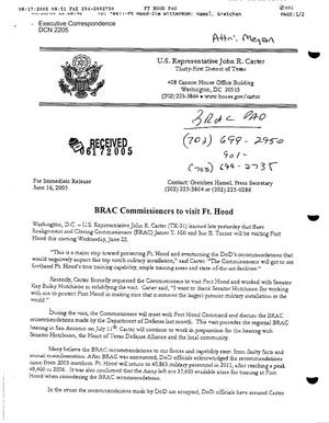 Fax dated 16 June (received on 17, June) from Representative John R. Carter (31st, TX)