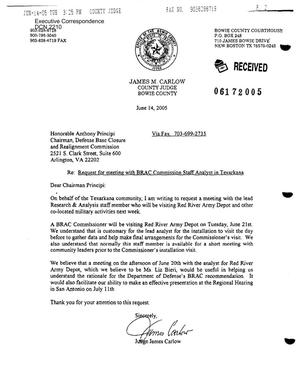 Letter dated 14 June, 2005 to Chairman Principi from Judge James Carlow, County Judge of Bowie County TX