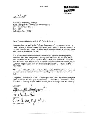 Letters from Niagara Falls Air Force Base Community to Commission