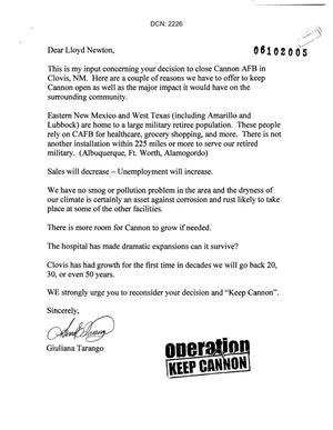 Letters from Giuliana Tarango to Commission concerning the closure of Cannon AFB