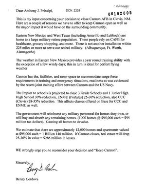 Letters from Benny Cordova to Commission concerning the closure of Cannon AFB