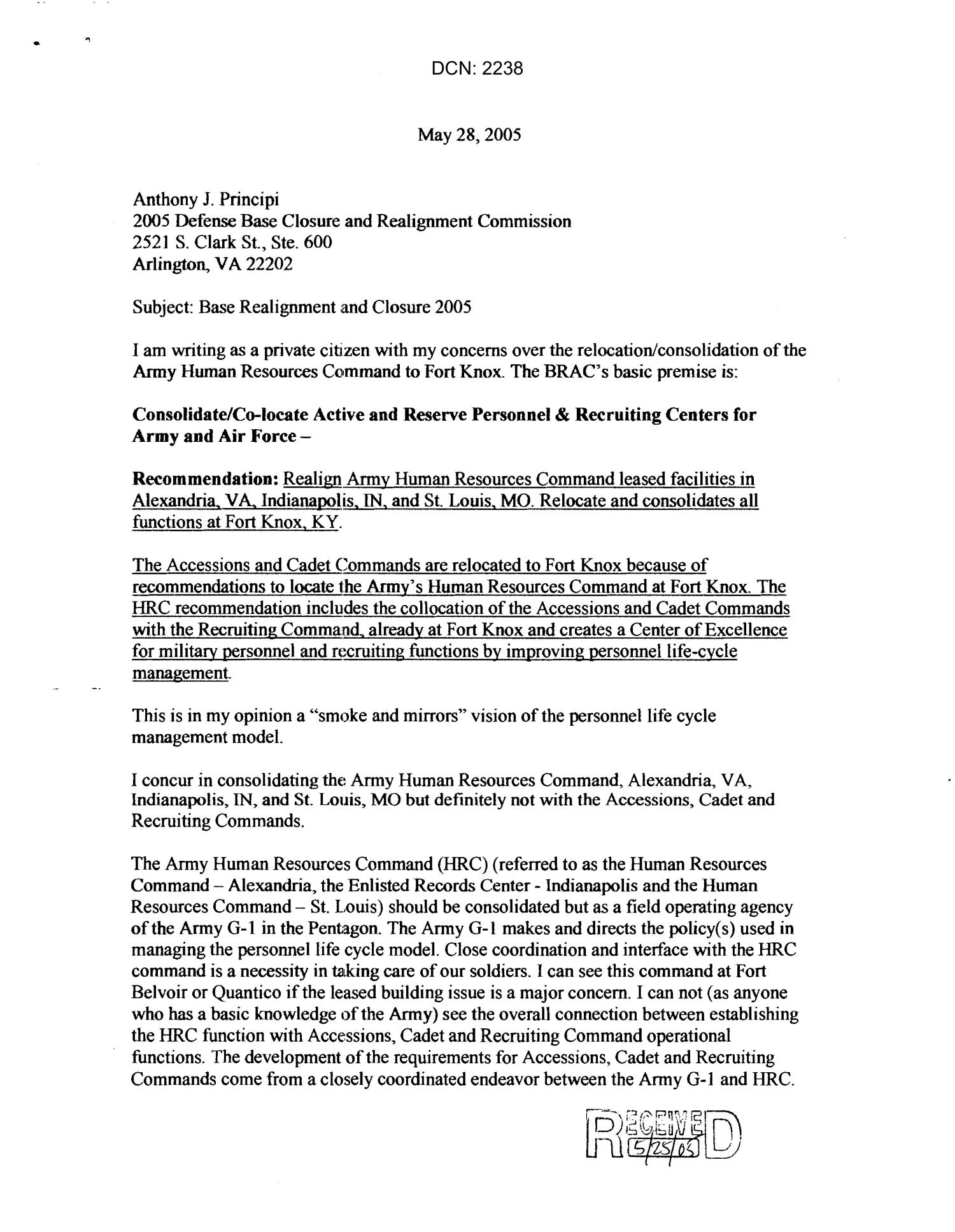 Letter from Ralph Steinway to Commission concerning the closure of Army Human Resource Command Fort Knox
                                                
                                                    [Sequence #]: 1 of 2
                                                