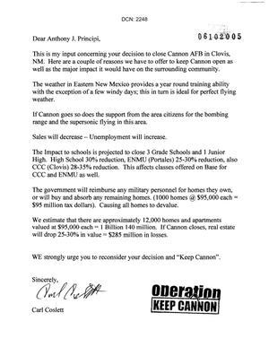 Letters from Carl Coslett to Commission concerning the closure of Cannon AFB